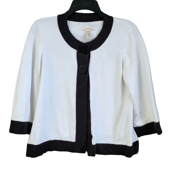 COVINGTON Women's 3/4 Sleeve 2 Button Front Cardigan Sweater Size M White Black - Picture 1 of 6